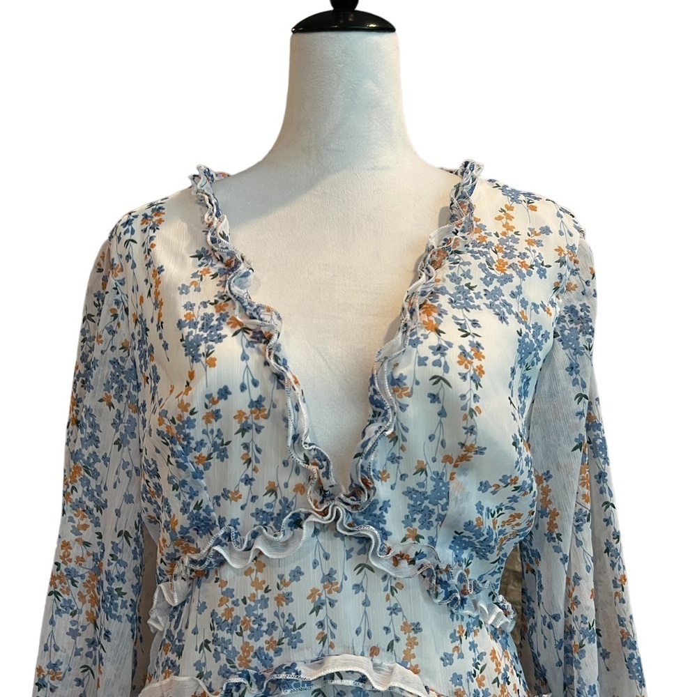 Small Sexyshine Women‘s Deep V Neck Ruffle Floral Print Open Back Mini Dress - Picture 7 of 11